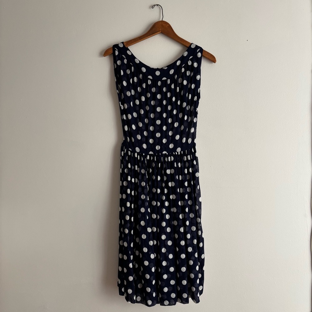 Vintage 1960s GAY GIBSON Navy Blue & White Polka Dot Sleeveless Dress / 24 waist - Picture 13 of 16